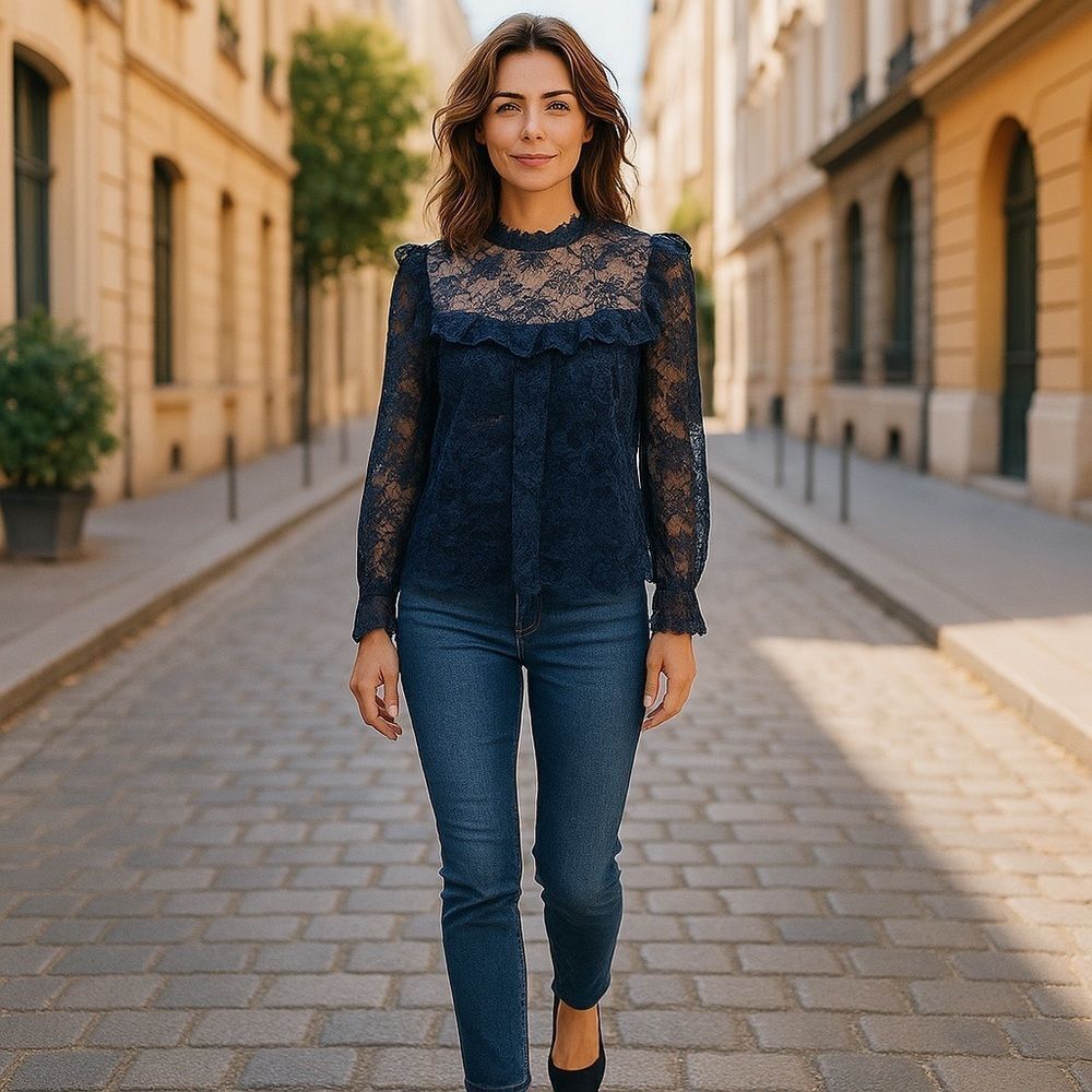Anthropologie Navy Blue Lace High Neck Blouse‎ Coquette Feminine Size 8